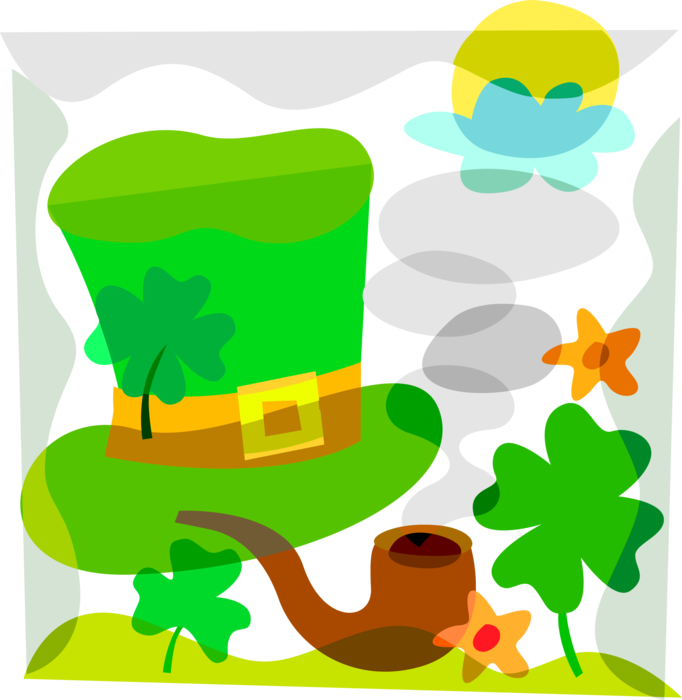 Vector Illustration of St Patrick's Day Irish Leprechaun Hat and Four-Leaf Clover Lucky Shamrocks and Smoking Pipe
