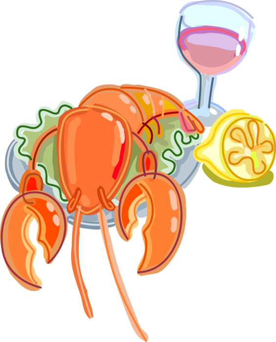 Vector Illustration of Clawed Lobster Shellfish Seafood Marine Crustacean Dinner with Lemon Slice and Glass of Wine