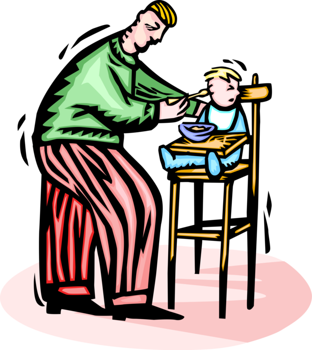 Vector Illustration of Father Feeds Pablum Food to Infant Baby in Kitchen High Chair