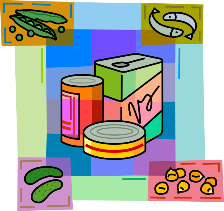 Vector Illustration of Canned and Packaged Food Goods with Fish, Pickles, Corn Kernels and Peas