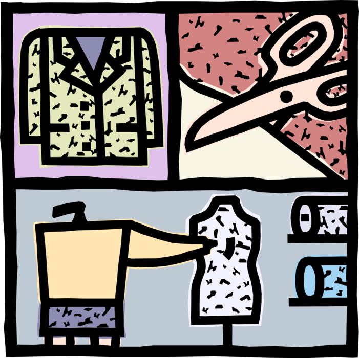 Vector Illustration of Fashion Design and Garment Industry Dressmaker Seamstress with Fabric Material, Dress Form, and Scissors