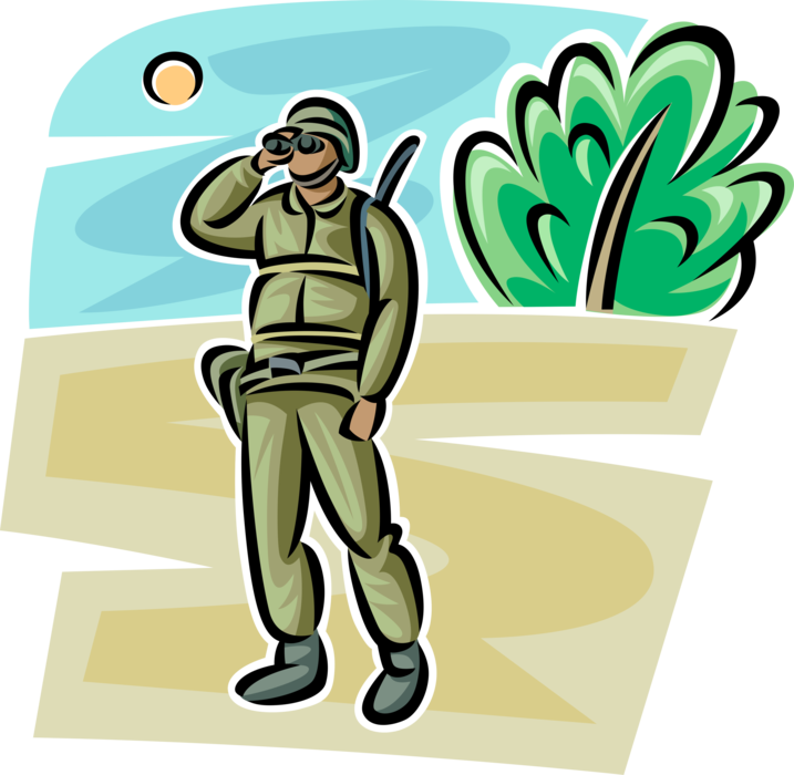 Vector Illustration of United States Military Soldier Surveys Enemy Positions with Binoculars in War Zone