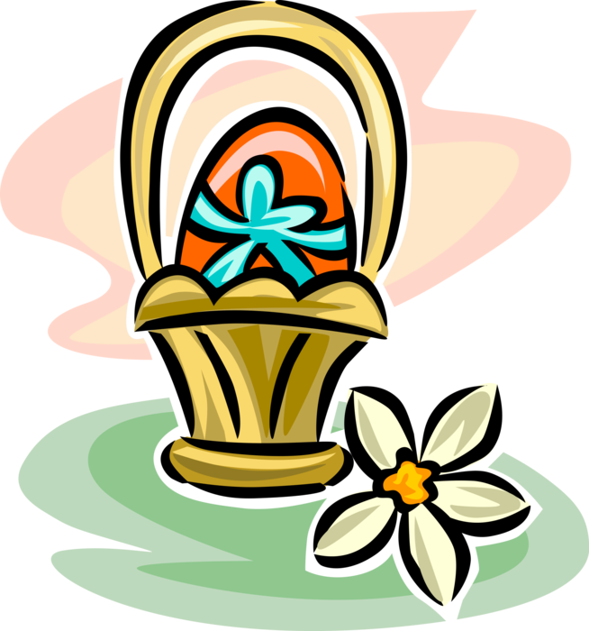 Vector Illustration of Colored Easter Egg with Ribbon Bow in Easter Basket with Flower Blossom