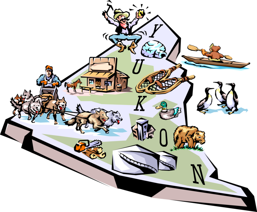 Vector Illustration of Yukon Federal Territory Vignette Map with Tourism Infographic Icons, Canada