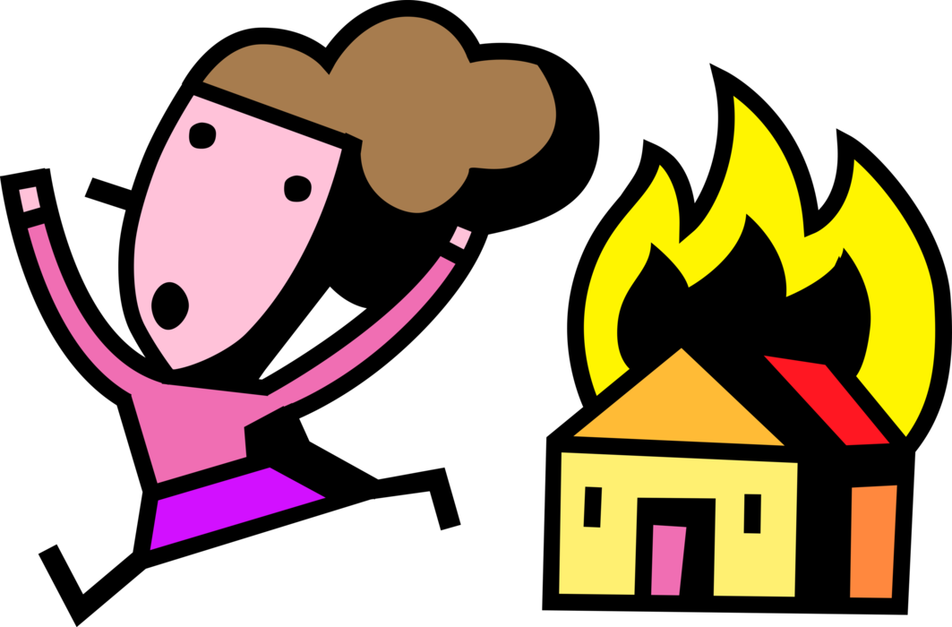 Vector Illustration of Woman in Panic Runs from Burning Family Home House on Fire with Flames