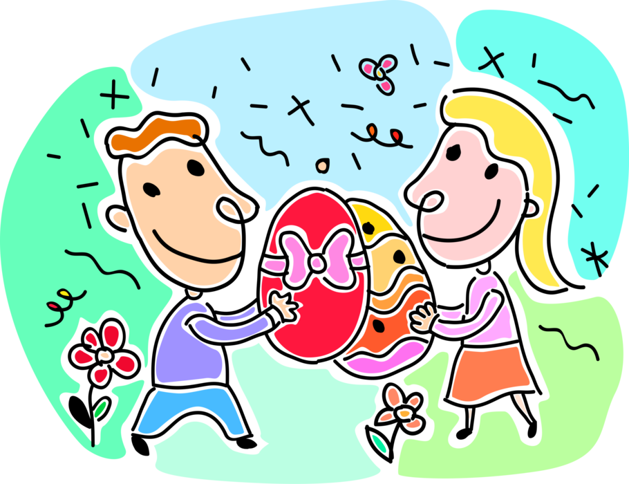 Vector Illustration of Best Friend Boy and Girl Exchange Decorated Easter Eggs