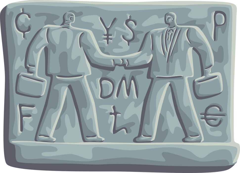 Vector Illustration of Businessmen Handshake Introduction Greeting or Agreement Egyptian Hieroglyph Symbols
