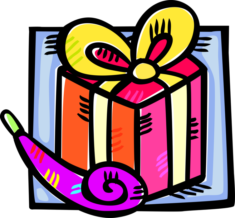 Vector Illustration of Birthday Gift Present with Ribbon Bow and Noisemaker Party Whistle