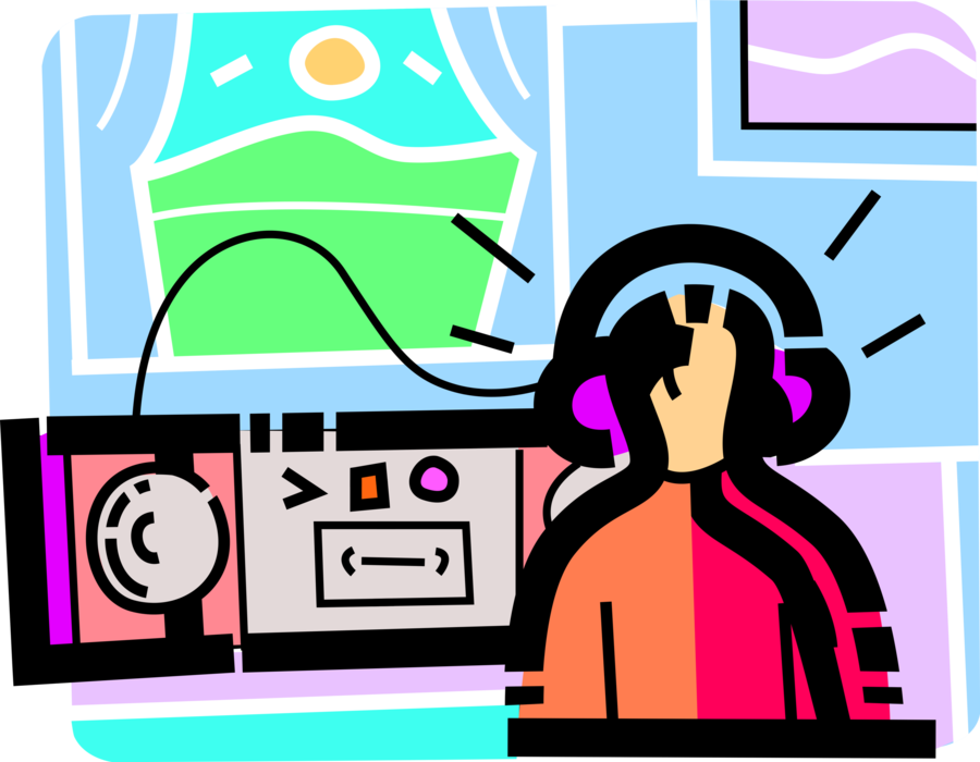 Vector Illustration of Audiophile Music Lover Listens to Music on Headphones with Home Audio Entertainment Stereo System
