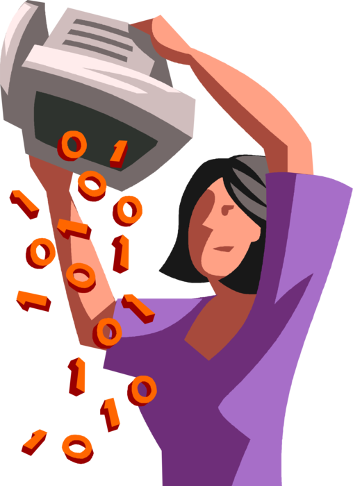 Vector Illustration of Businesswoman Shakes Digital Binary Code Information Data from Computer
