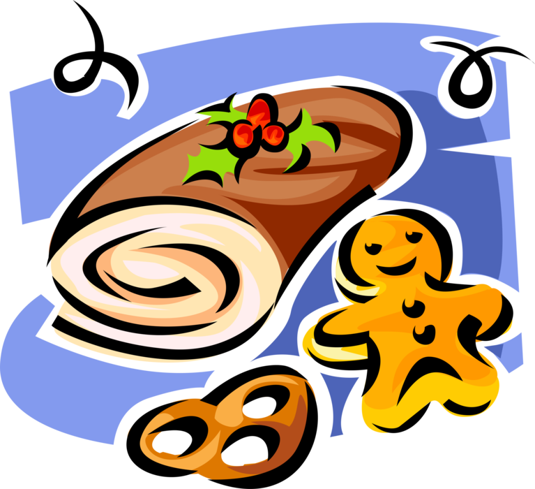 Vector Illustration of Holiday Season Christmas Baked Dessert Log Cake with Pretzel and Gingerbread Cookie
