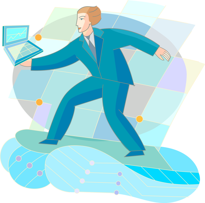 Vector Illustration of Businessman Surfer Surfing Online Internet Information Resource with Surfboard
