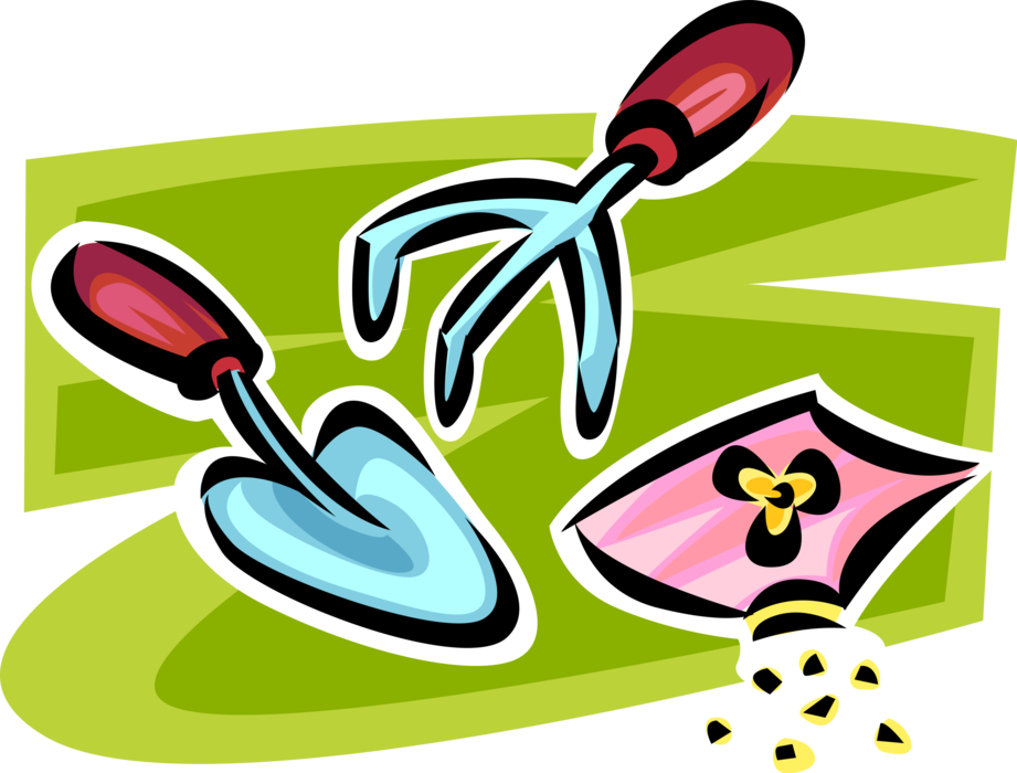 Vector Illustration of Garden Trowel Spade Shovel and Gardening Fork Tool with Flower Seeds