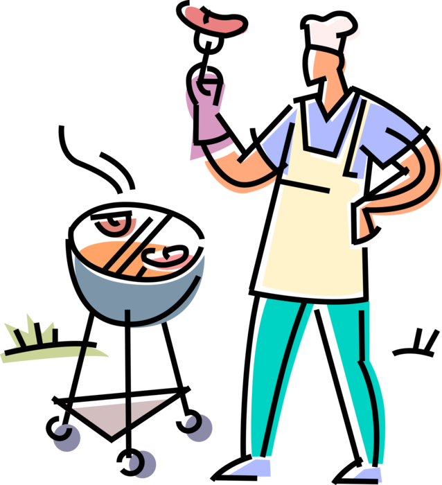 Vector Illustration of Culinary Cuisine Chef Dad in Apron with Sausage Cooking on Barbecue, Barbeque or BBQ Outdoor Cooking Grill Chef Dad in Apron with Sausage on Grill