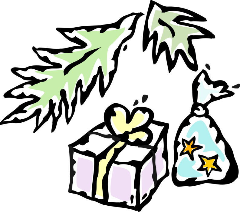 Vector Illustration of Holiday Festive Season Christmas Gifts and Presents with Evergreen Tree Boughs