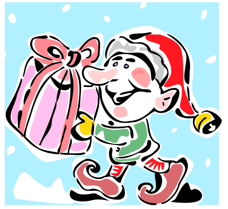 Vector Illustration of Santa's Workshop Christmas Elf Carries Gift Wrapped Present with Ribbon Bow