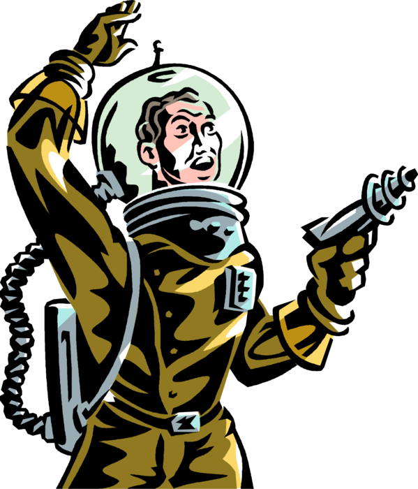 Vector Illustration of Science Fiction Space Astronaut with Ray Gun Weapon