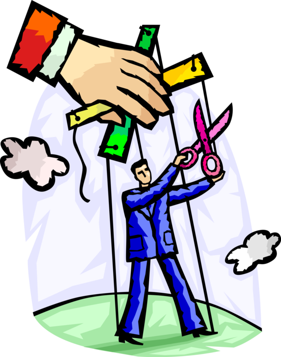 Vector Illustration of Business Employee Severs Management Direct Control and Manipulation by Cutting Puppet Strings