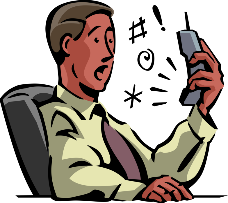 Vector Illustration of Businessman Reacts to Disgruntled Customer Complaint Cursing and Swearing on Mobile Smartphone Phone at Work