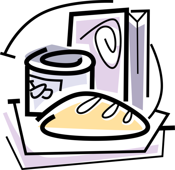 Vector Illustration of Fresh Baked Bread with Canned Food Goods and Cereal Box