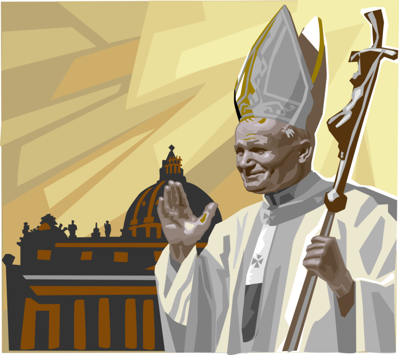Vector Illustration of Pope Saint John Paul II, Pontiff Head of Catholic Church, Cardinal Wojtyła Blessing with Cross