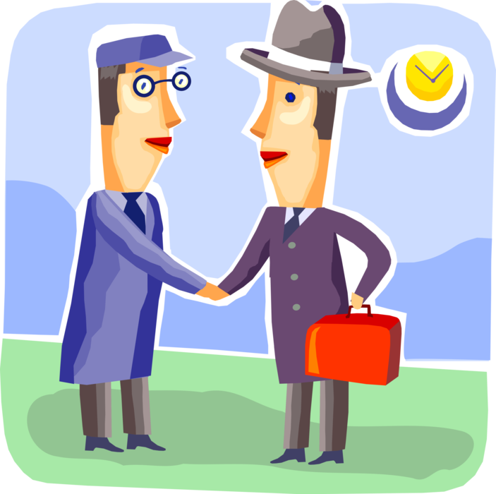 Vector Illustration of Business Account Executive Makes Introduction Greeting Shaking Hands with Warehouse Manager