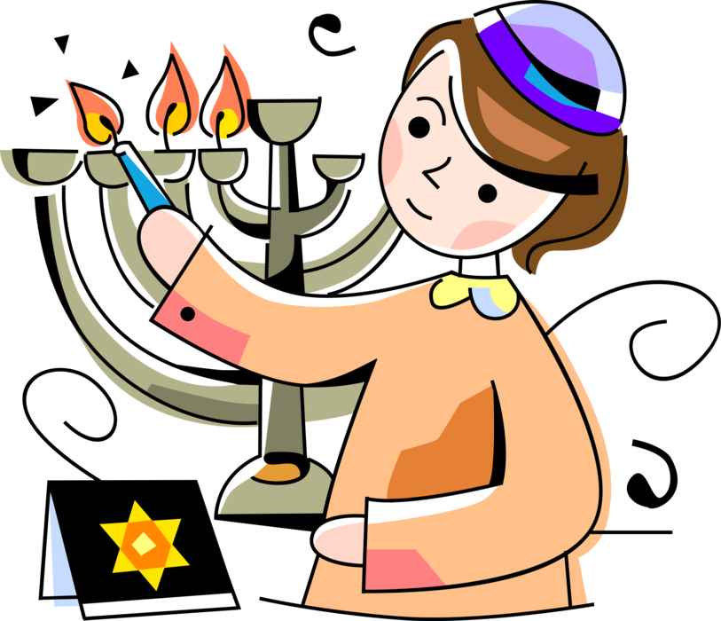 Vector Illustration of Jewish Child Lights Chanukah Hanukkah Menorah Lampstand Nine Candles Candelabrum