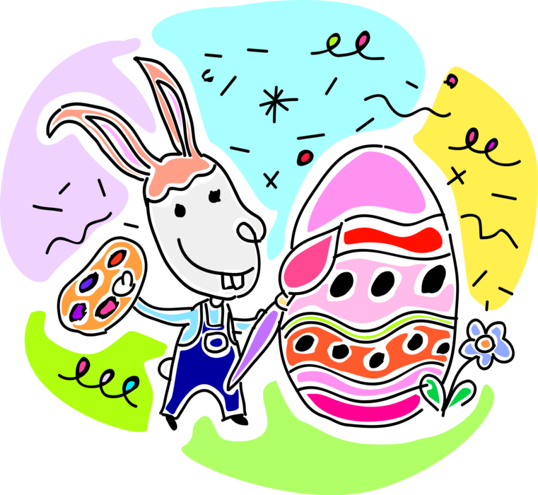 Vector Illustration of Pascha Easter Bunny Rabbit Paints and Decorates Easter Egg with Paintbrush