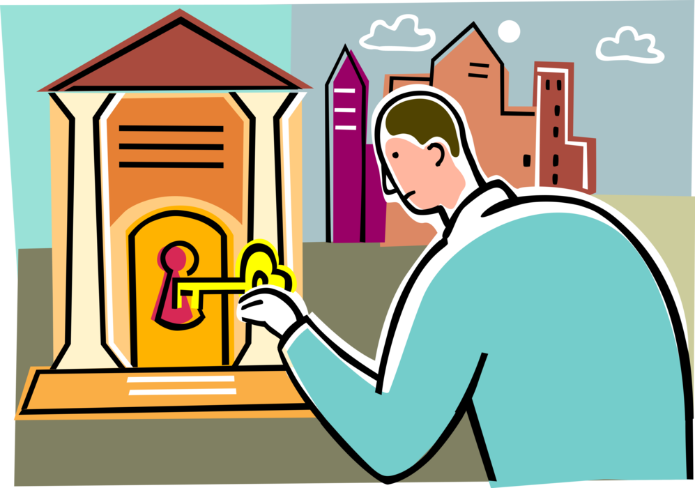 Vector Illustration of Businessman with Key Unlocks Financial Banking Institution Bank Vault Safe Security Box
