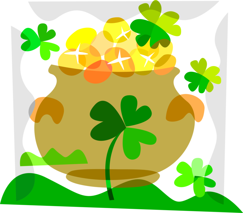 Vector Illustration of St Patrick's Day Irish Mythological Pot of Gold with Four-Leaf Clover Lucky Shamrocks