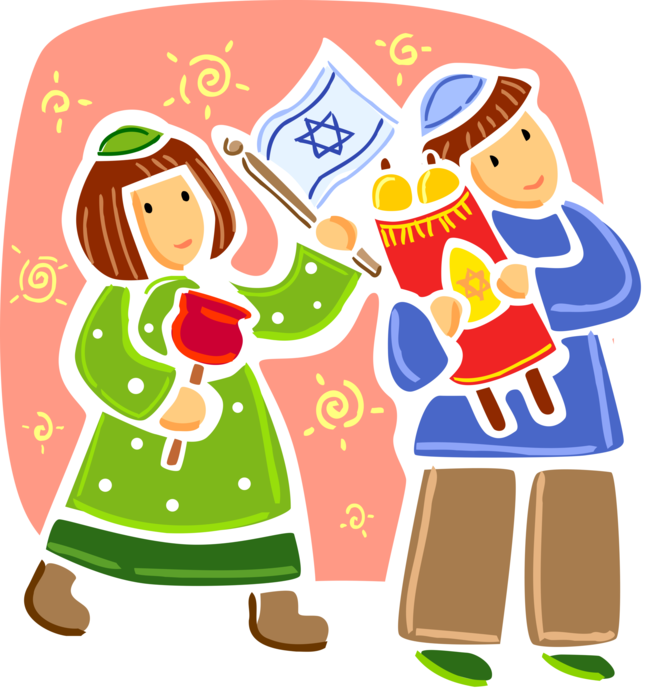 Vector Illustration of Hebrew Jewish Children with Torah Scroll and Star of David Shield of Jewish Identity and Judaism
