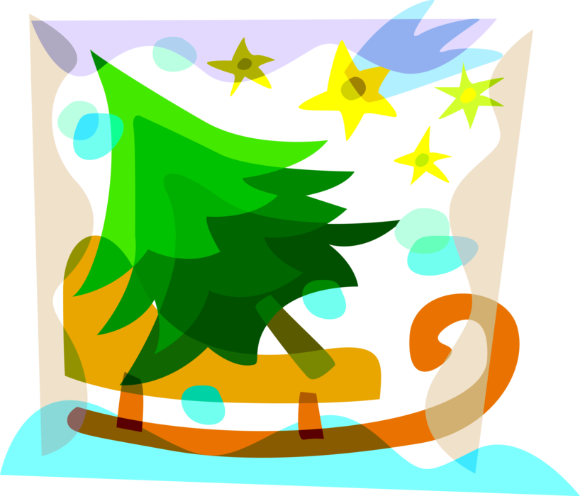 Vector Illustration of Fresh Coniferous Evergreen Christmas Tree Cut in Tree Farm on Sled Sleigh