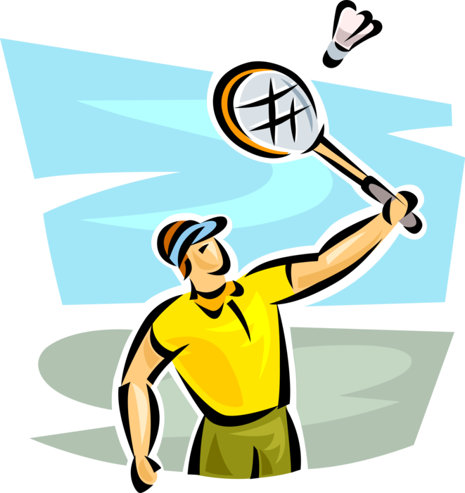 Vector Illustration of Sport of Badminton Player Swings Racket or Racquet at Shuttlecock Birdie During Game
