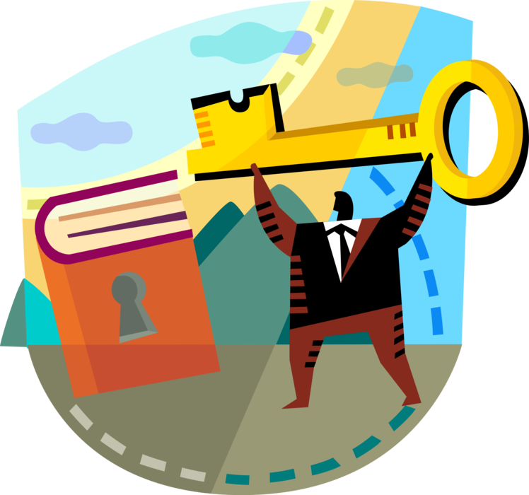 Vector Illustration of Businessman Holds Security Key to Unlock Book of Knowledge and Educational Learning