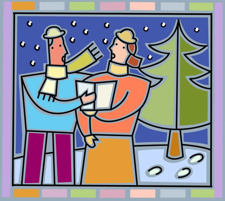Vector Illustration of Caroler Man and Woman Sing Holiday Season Christmas Carols in Falling Snow