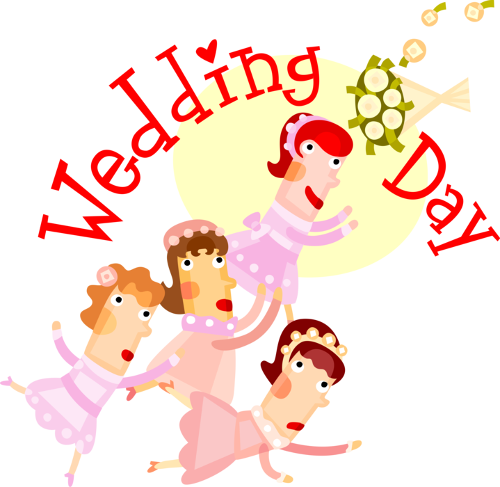 Vector Illustration of Wedding Day Bridesmaids Scramble to Catch Bridal Bouquet Thrown after Marriage Ceremony