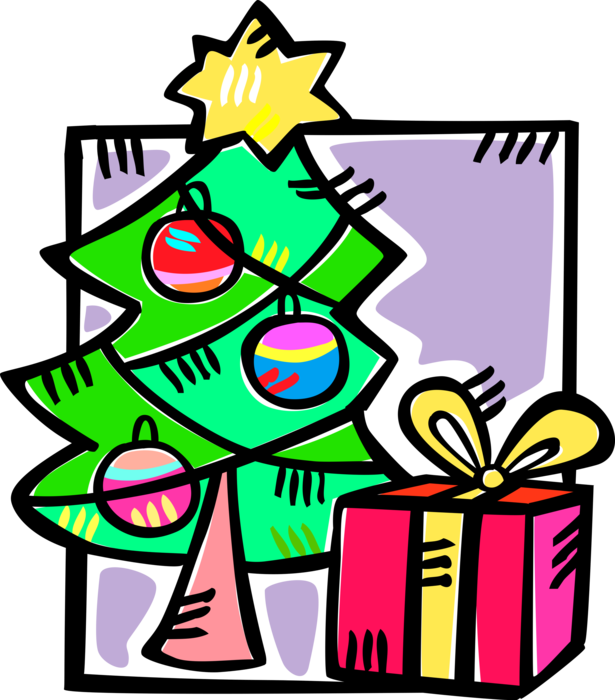 Vector Illustration of Festive Season Christmas Tree with Ornament Decorations and Gift Wrapped Present