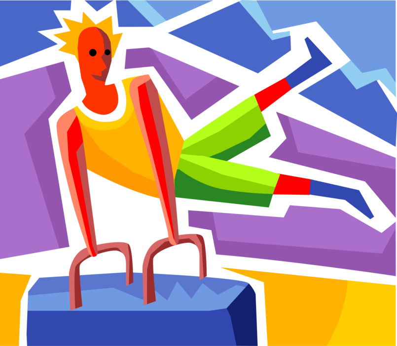 Vector Illustration of Gymnast Performs on Pommel Horse in Gymnastics Gym Meet Competition