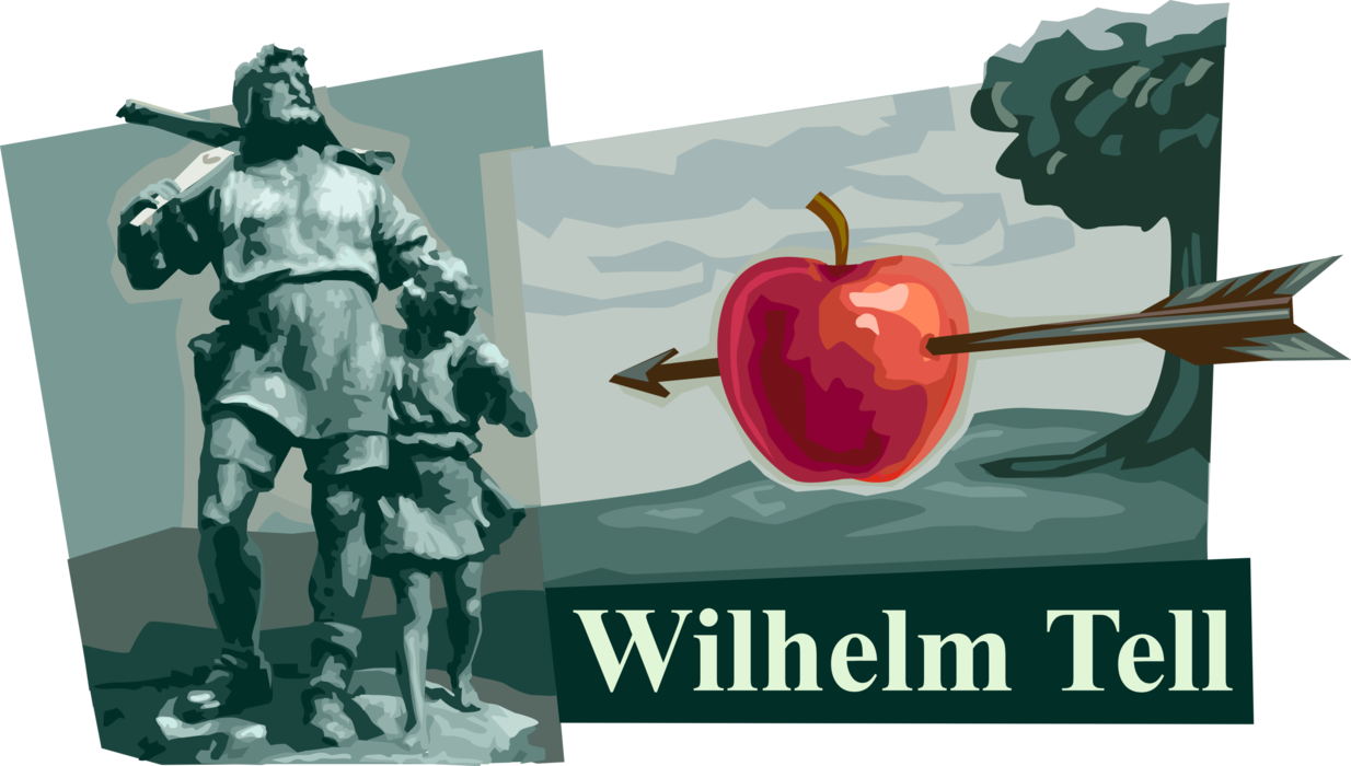 Vector Illustration of William Tell Swiss Folk Hero Shoots Archery Arrow Though Apple on Head