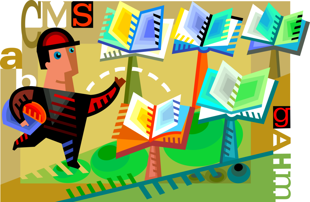 Vector Illustration of Highly Educated Businessman Wanders Through Forest with Trees of Knowledge with Books