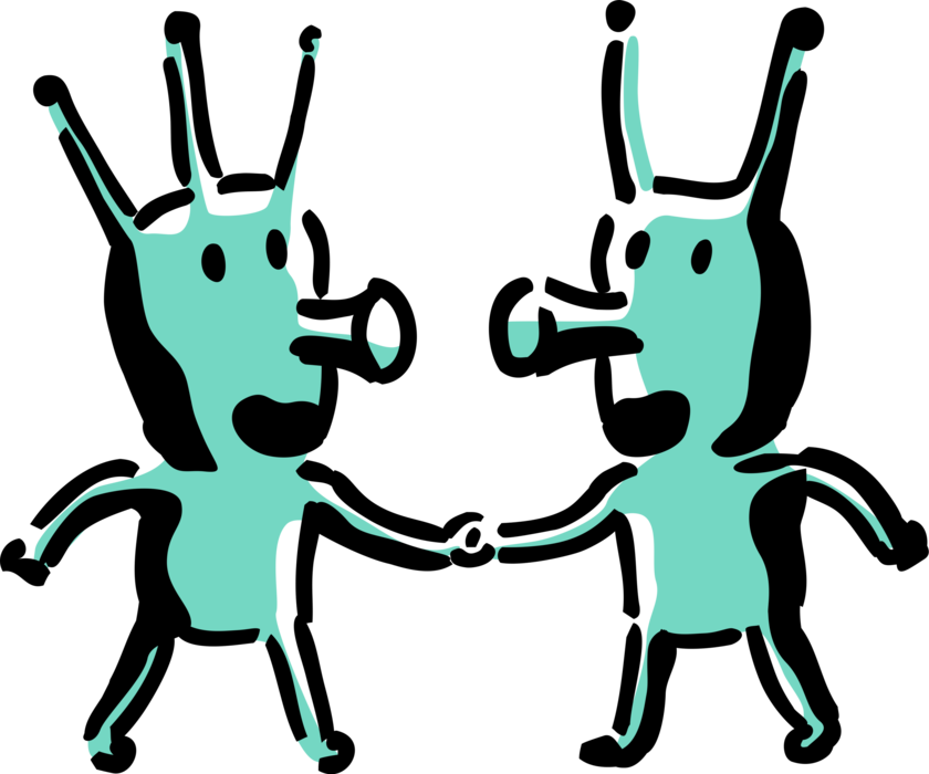 Vector Illustration of Extraterrestrial Space Aliens Shake Hands in Agreement or Greeting