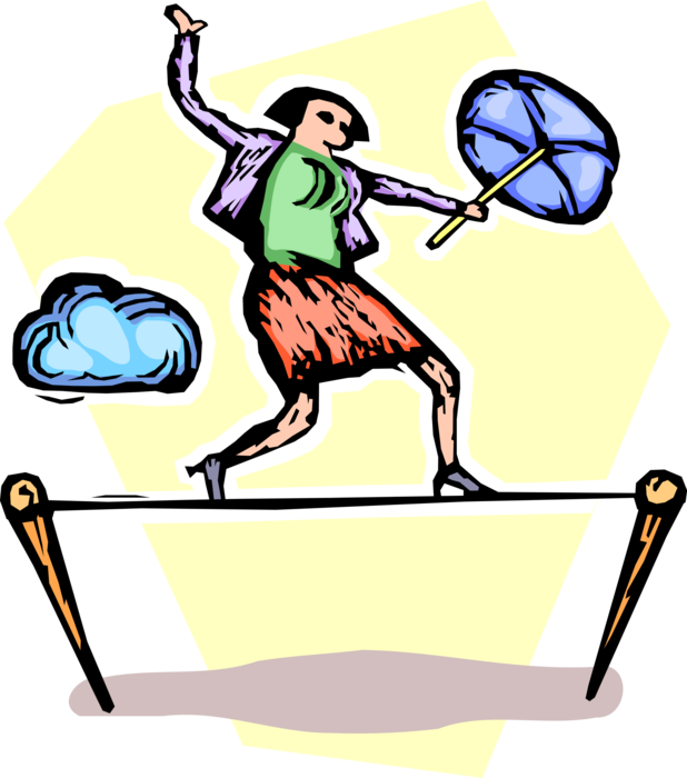 Vector Illustration of Businesswoman Walks Highwire Tightrope Balancing with Umbrella