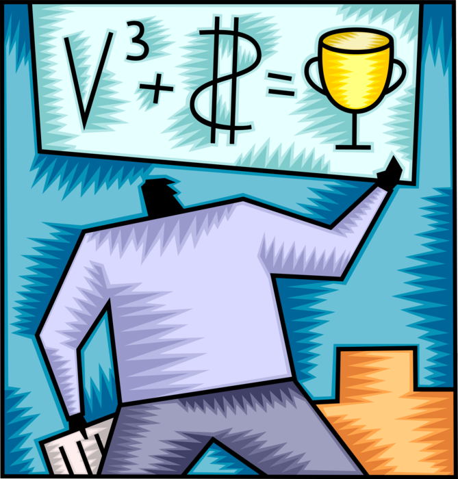 Vector Illustration of Businessman Holds Poster Formula to Ensure Trophy Cup