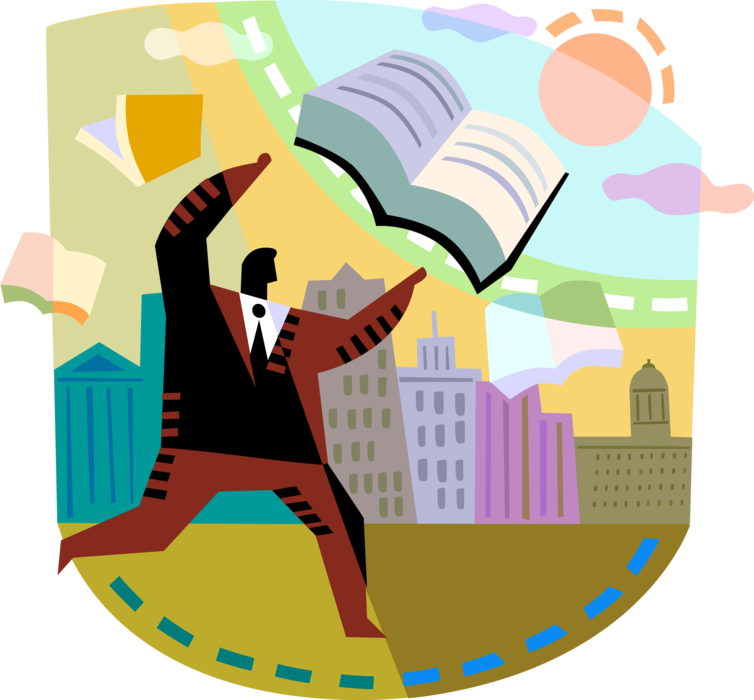 Vector Illustration of Businessman Promotes Importance of Knowledge and Education in Business with Books of Learning