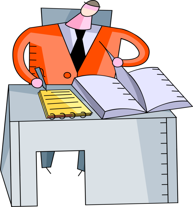Vector Illustration of Businessman Completes Business Paperwork at Office Desk
