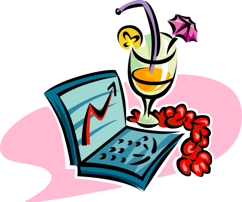 Vector Illustration of Celebrating Business Success with Laptop Computer and Exotic Beverage Cocktail