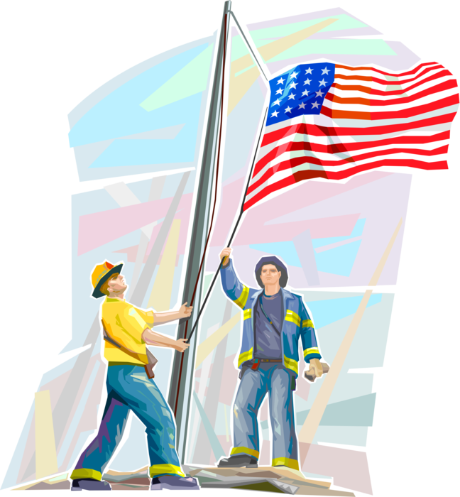 Vector Illustration of Firefighters Raise American Flag at Ground Zero Collapse of Twin Towers September 11, 2001