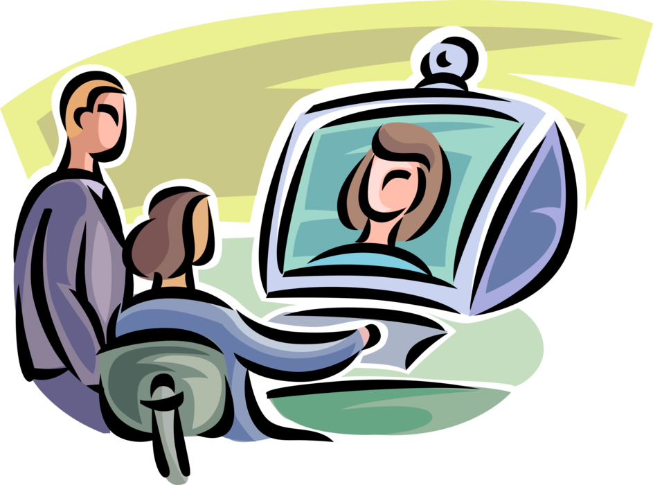 Vector Illustration of Business Colleagues in Meeting Via Computer and Webcam Camera