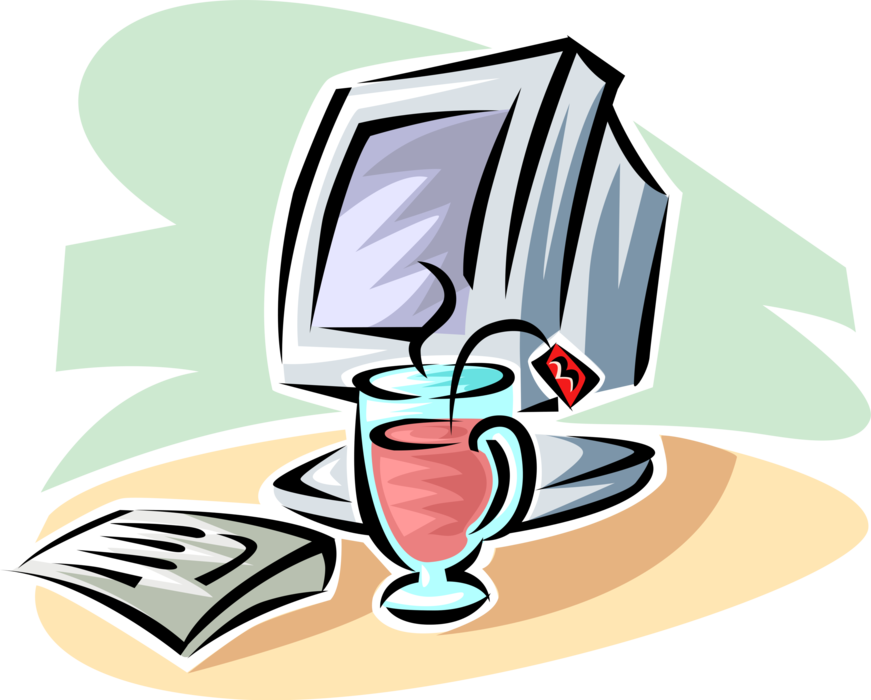Vector Illustration of Cup of Steeped Tea with Computer Monitor Screen and Keyboard