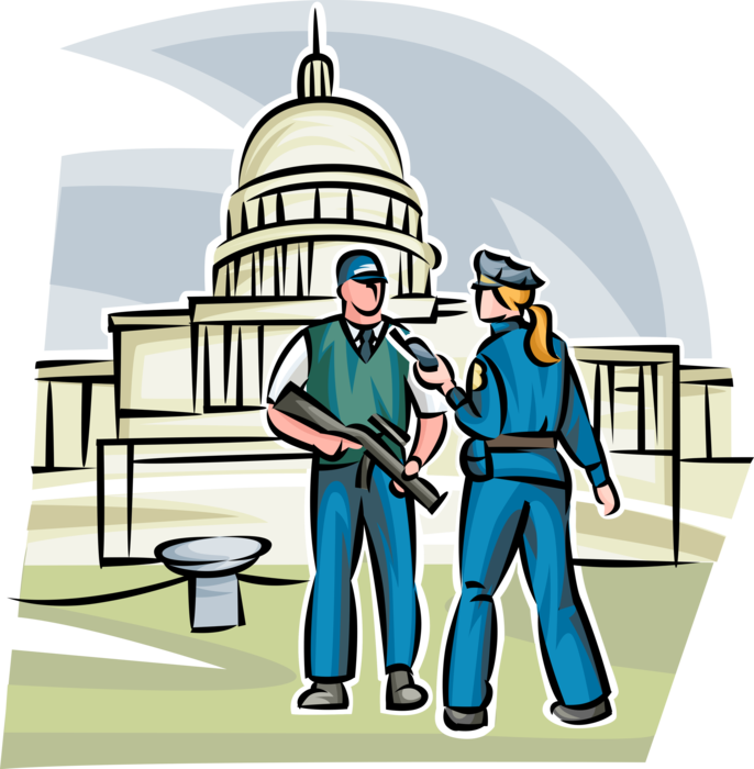 Vector Illustration of Heavily Armed Homeland Security Officers Provide Police Services Guarding U.S. Capitol Building